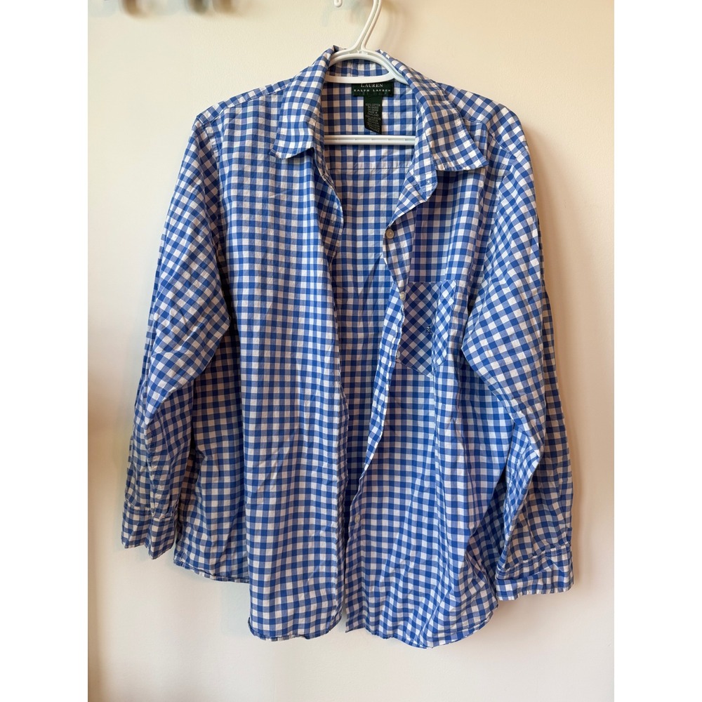 Lauren Ralph Lauren Blue White Gingham Cotton Button Down Shirt Long Sleeve L